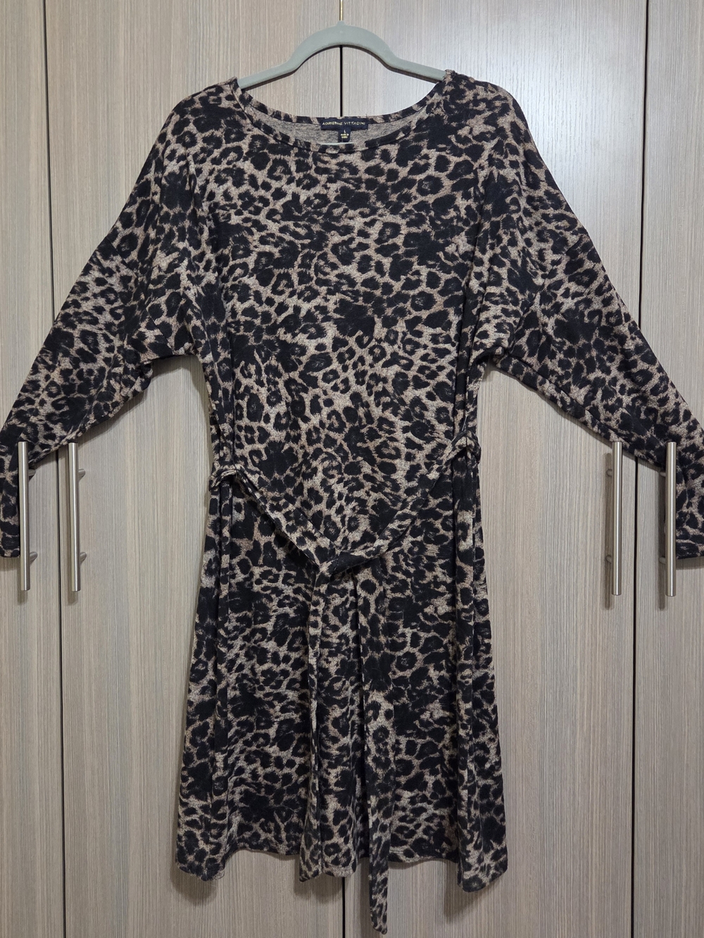 Adrienne Vittadini Leopard Print Tie-Waist Long Sleeve Dress - Black and Tan